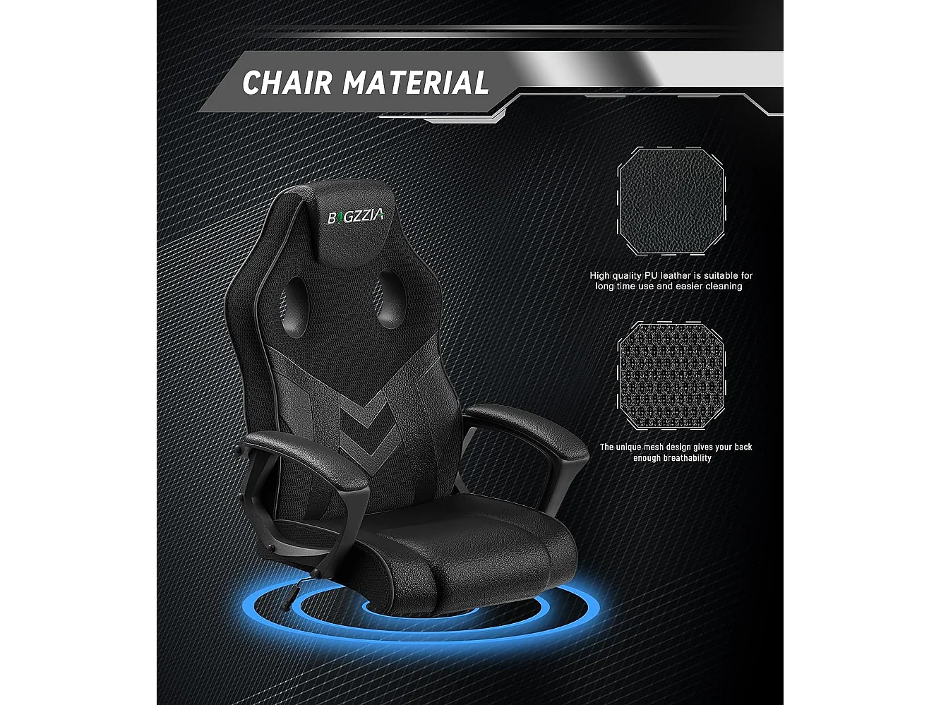 Chaise de jeu en cuir PU avec appui-tête, hauteur réglable et pivotant à 360 ° pour Gamer Office