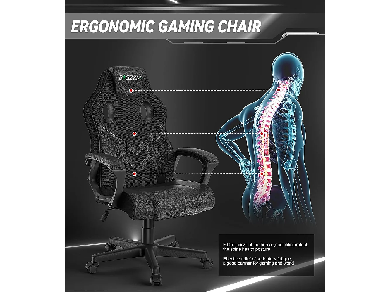 Chaise de jeu en cuir PU avec appui-tête, hauteur réglable et pivotant à 360 ° pour Gamer Office