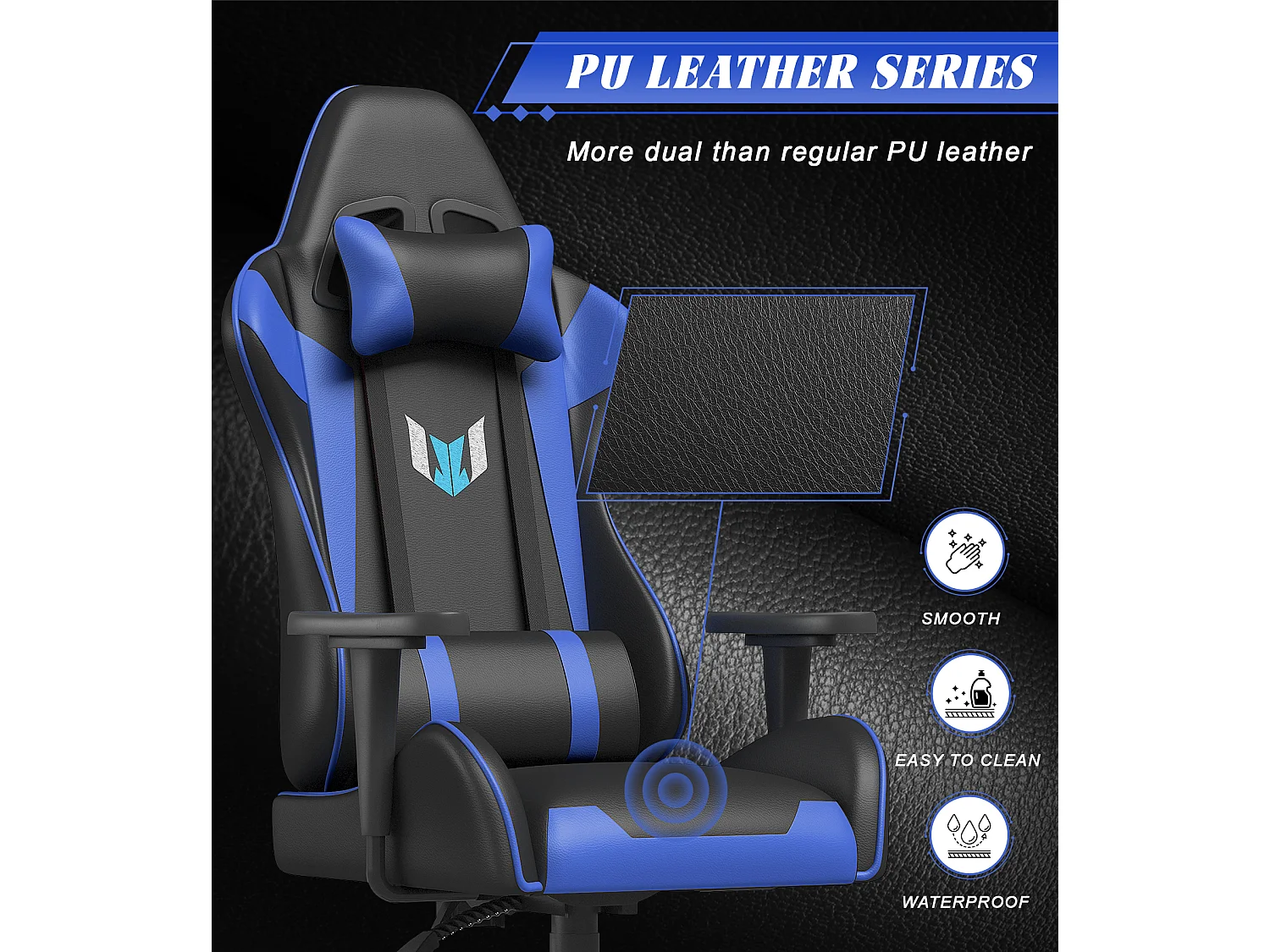 Chaise de jeu jeu avec coussin lombaire et appui et accoudoir fixe, chaise de bureau en cuir PU