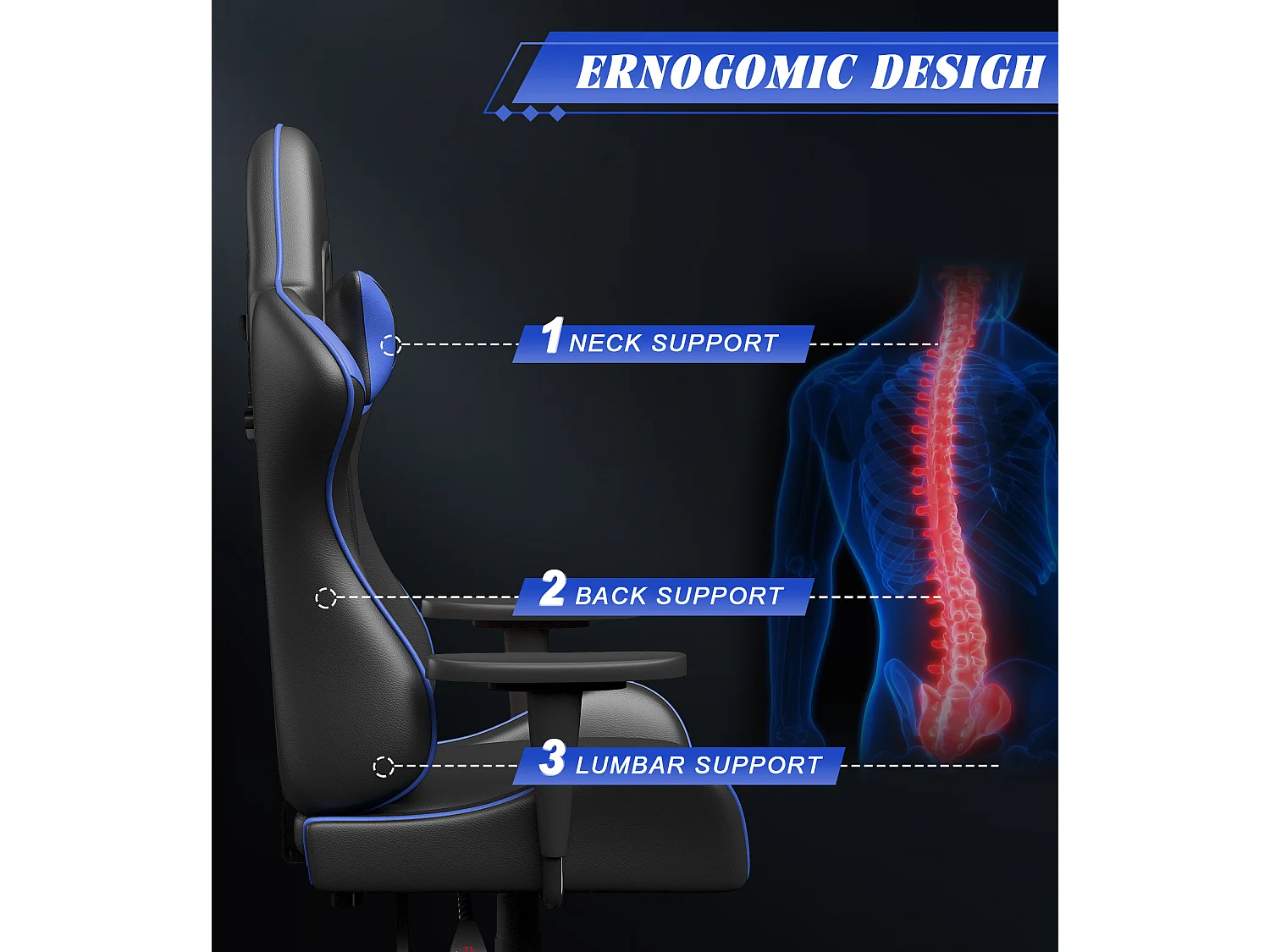 Chaise de jeu jeu avec coussin lombaire et appui et accoudoir fixe, chaise de bureau en cuir PU
