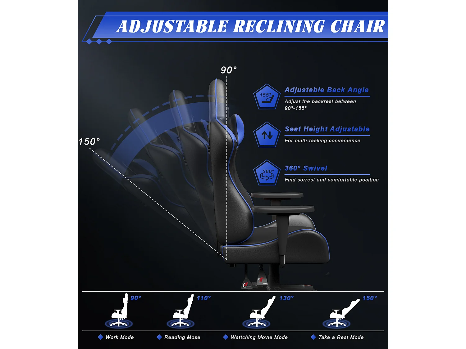 Chaise de jeu jeu avec coussin lombaire et appui et accoudoir fixe, chaise de bureau en cuir PU