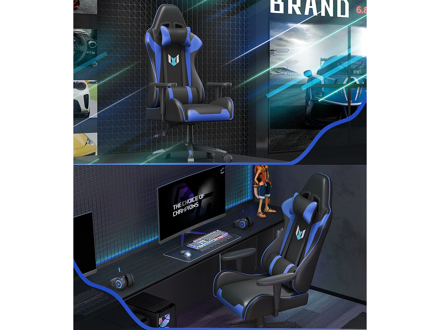 Chaise de jeu jeu avec coussin lombaire et appui et accoudoir fixe, chaise de bureau en cuir PU