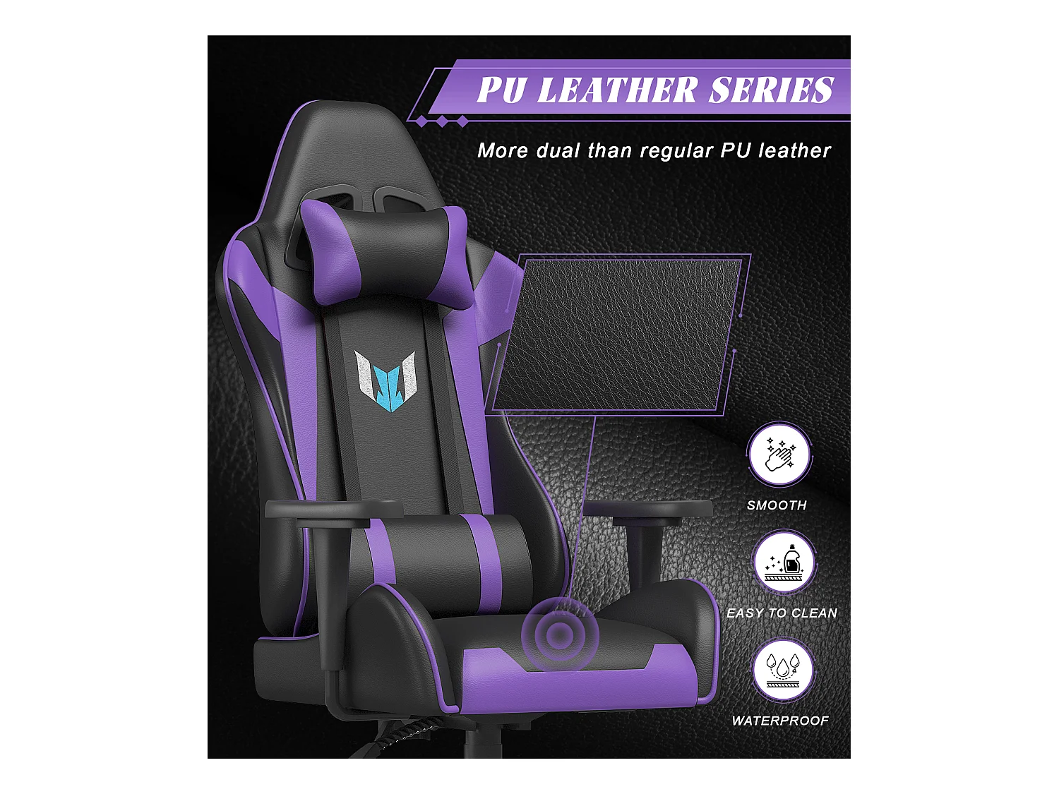 Chaise de jeu jeu avec coussin lombaire et appui et accoudoir fixe, chaise de bureau en cuir PU