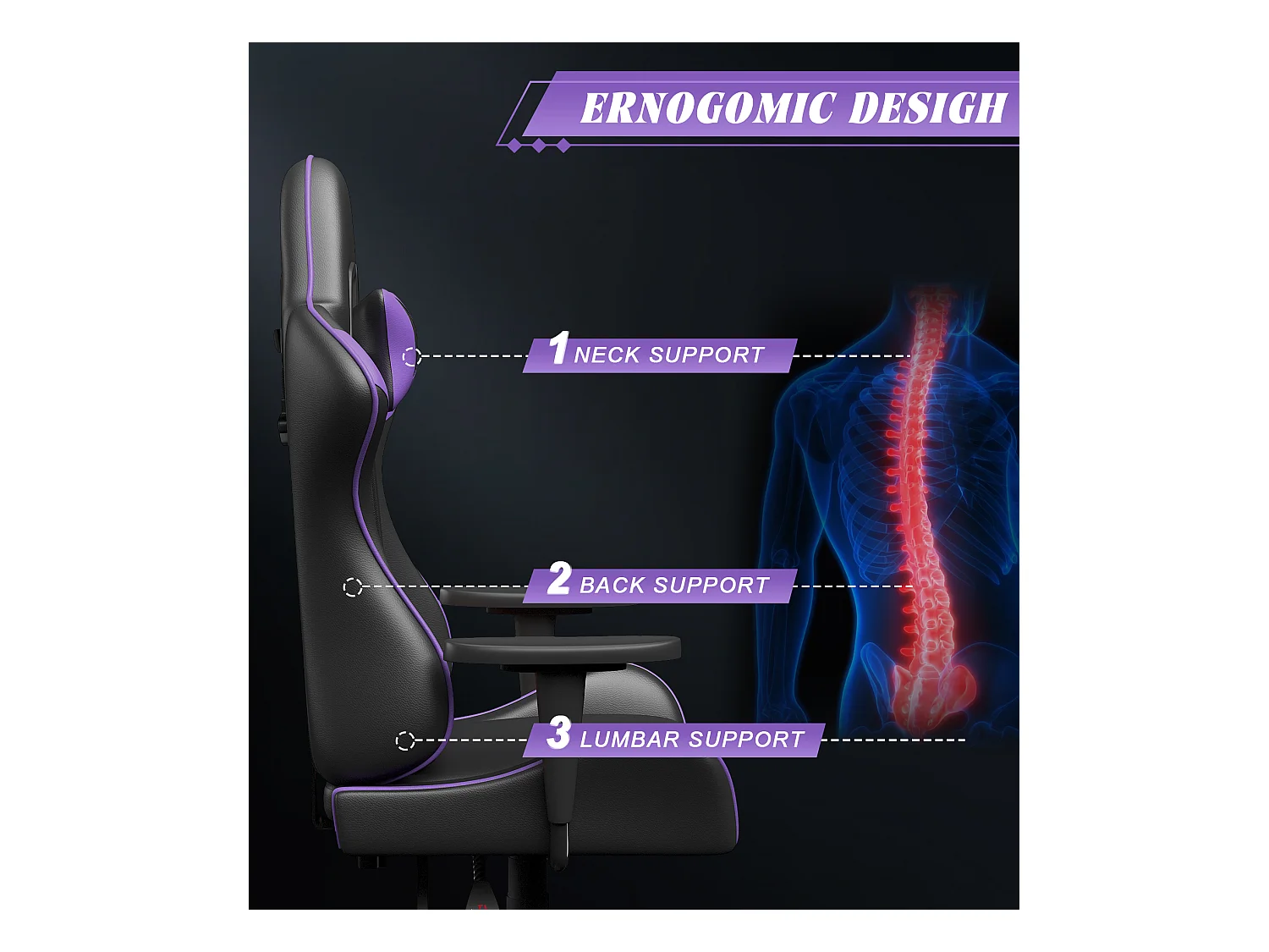 Chaise de jeu jeu avec coussin lombaire et appui et accoudoir fixe, chaise de bureau en cuir PU