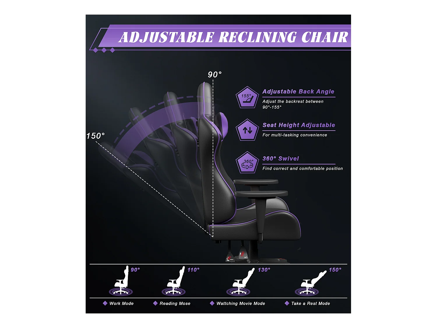 Chaise de jeu jeu avec coussin lombaire et appui et accoudoir fixe, chaise de bureau en cuir PU