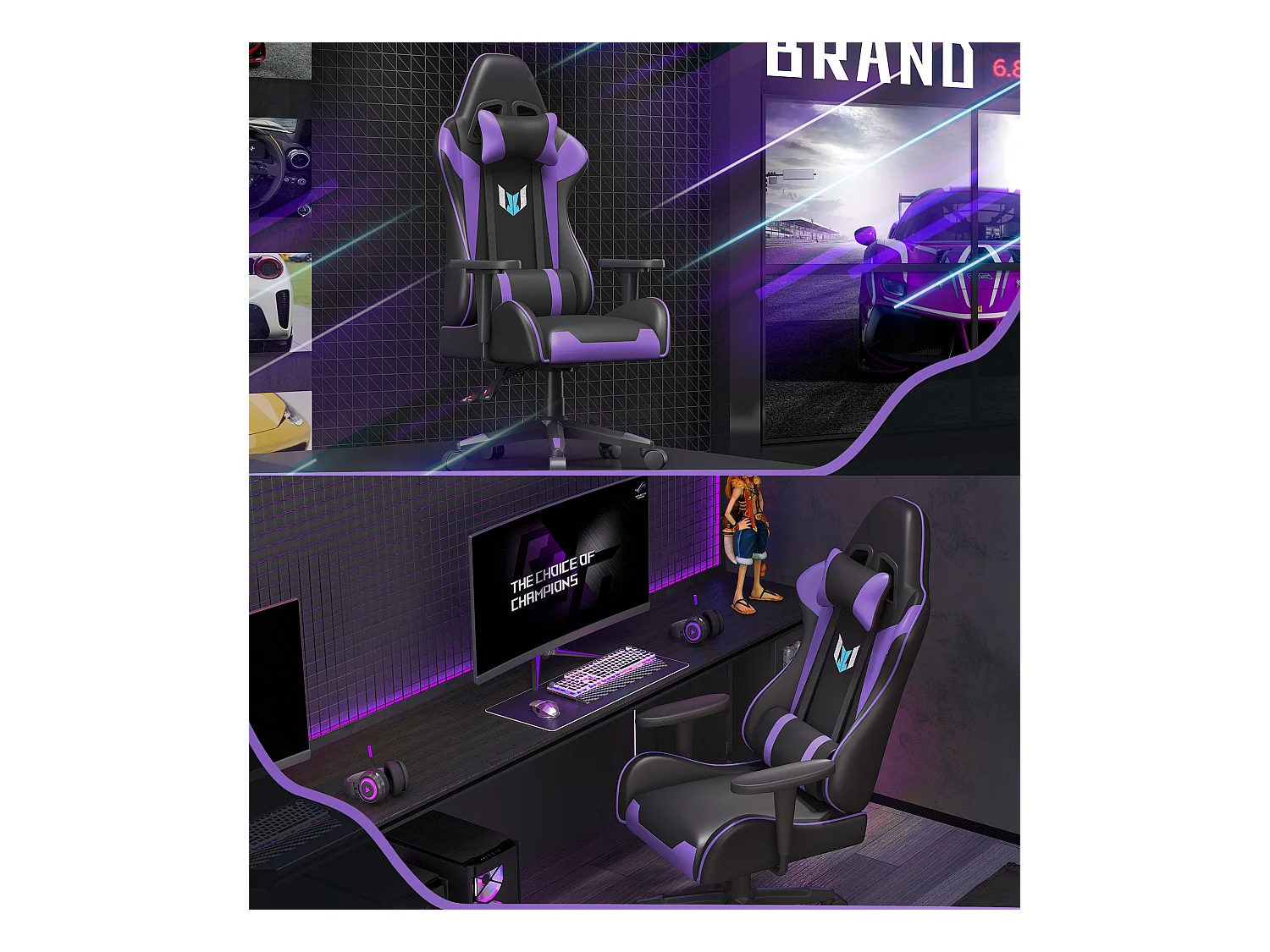 Chaise de jeu jeu avec coussin lombaire et appui et accoudoir fixe, chaise de bureau en cuir PU