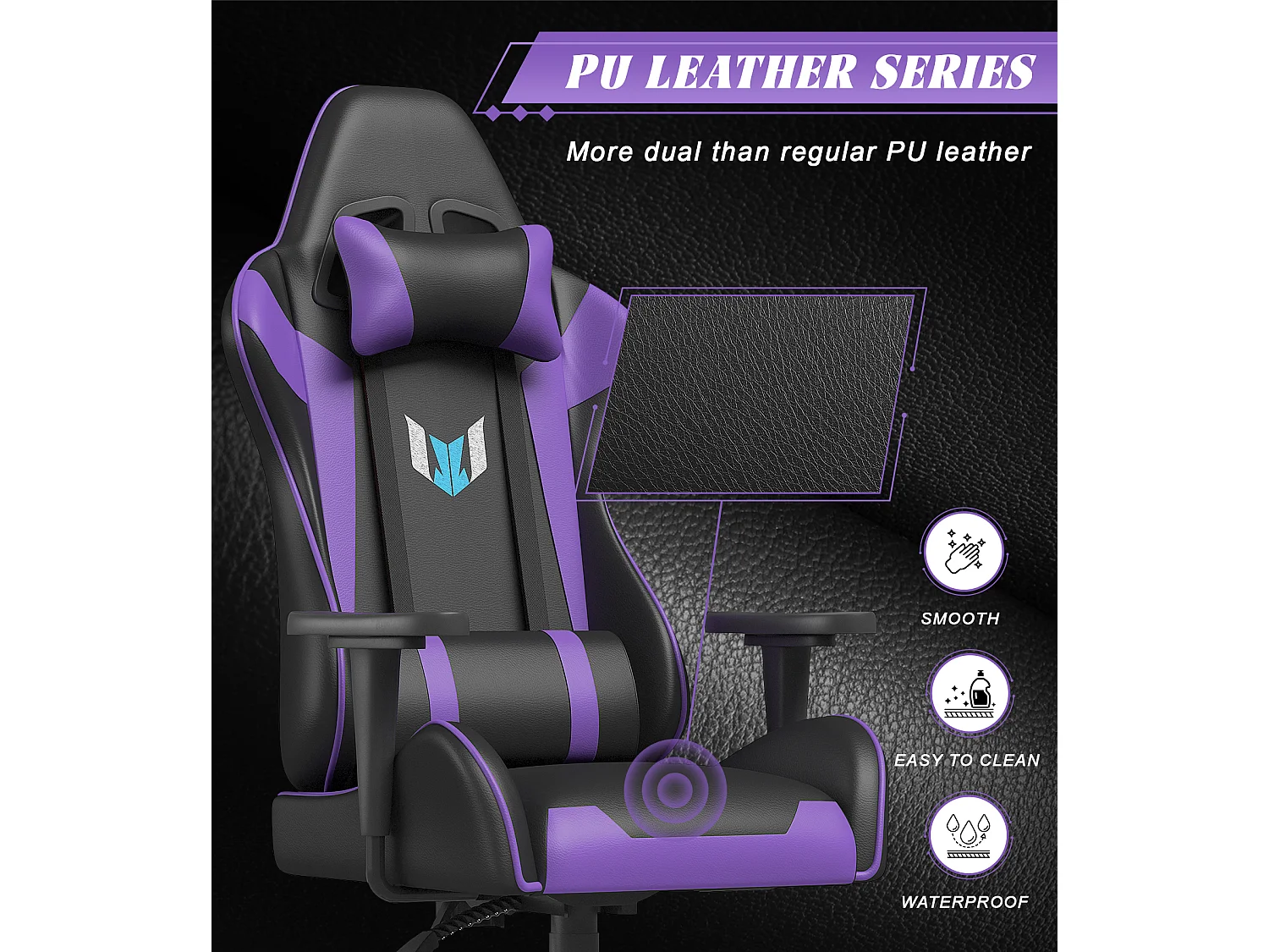 Chaise de jeu jeu avec coussin lombaire et appui et accoudoir fixe, chaise de bureau en cuir PU