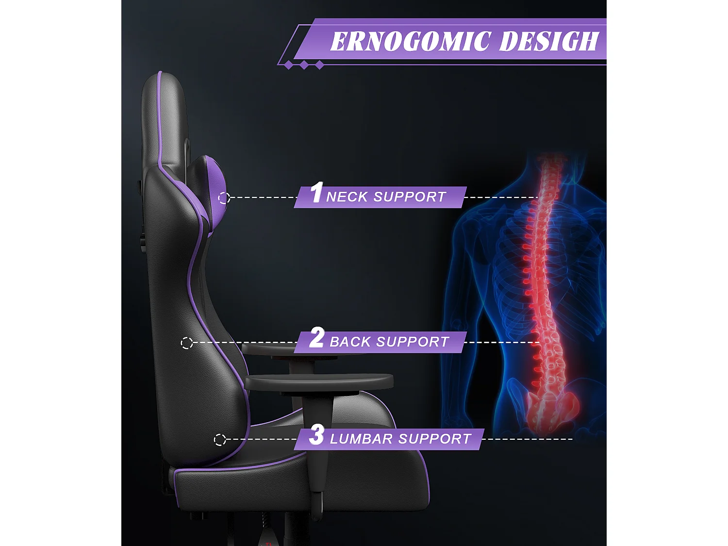 Chaise de jeu jeu avec coussin lombaire et appui et accoudoir fixe, chaise de bureau en cuir PU