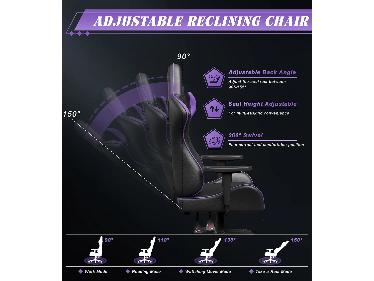 Chaise de jeu jeu avec coussin lombaire et appui et accoudoir fixe, chaise de bureau en cuir PU