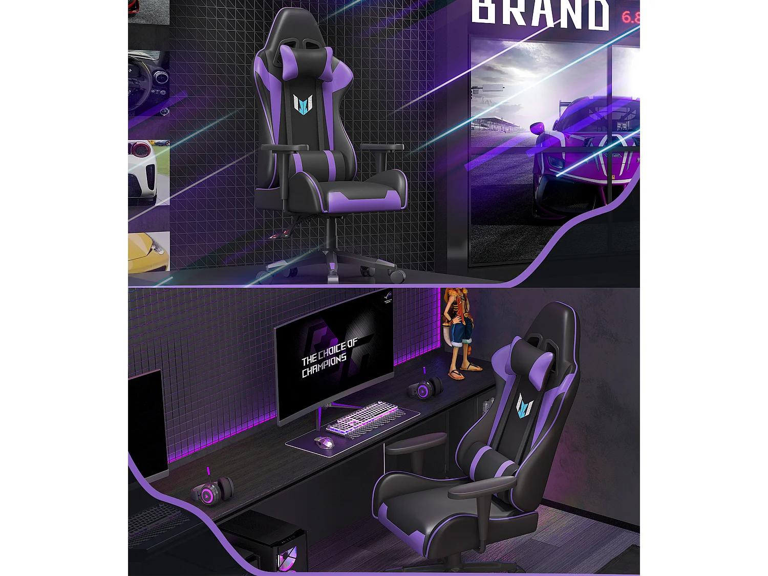 Chaise de jeu jeu avec coussin lombaire et appui et accoudoir fixe, chaise de bureau en cuir PU