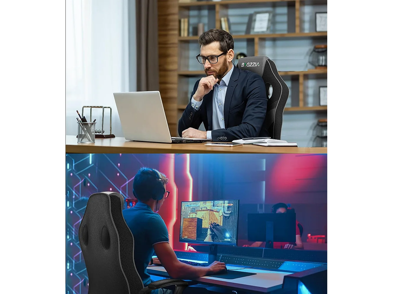 Chaise de jeu en cuir PU avec appui-tête, hauteur réglable et pivotant à 360 ° pour Gamer Office