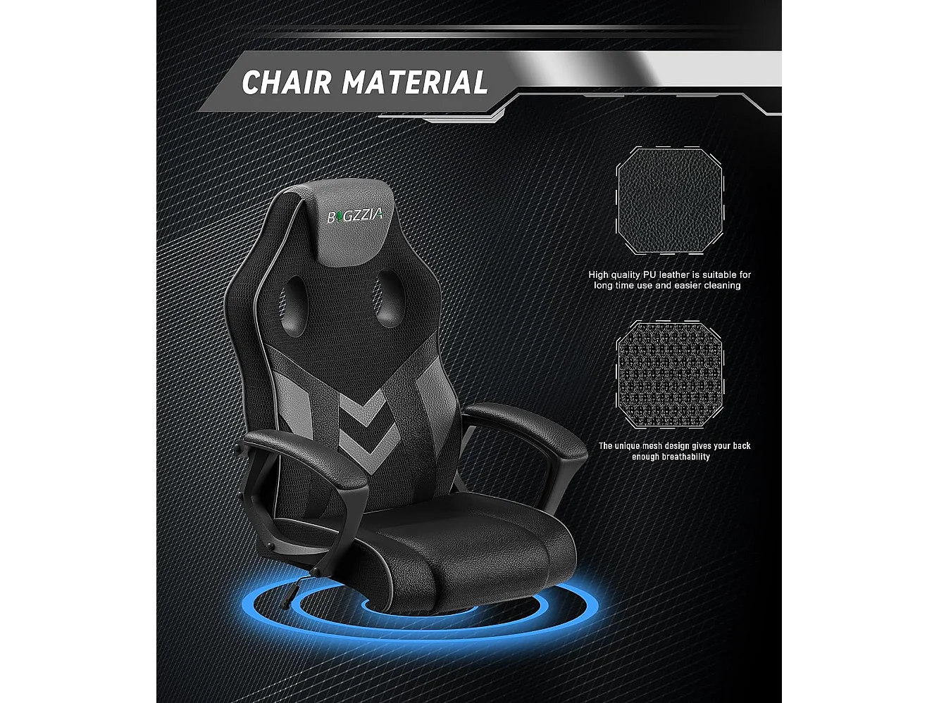 Chaise de jeu en cuir PU avec appui-tête, hauteur réglable et pivotant à 360 ° pour Gamer Office