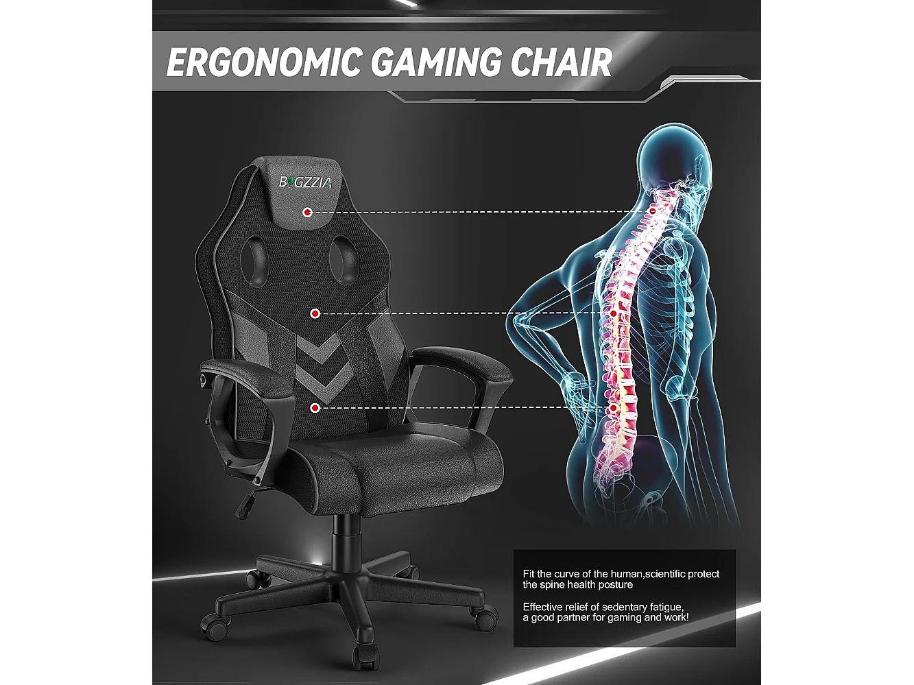 Chaise de jeu en cuir PU avec appui-tête, hauteur réglable et pivotant à 360 ° pour Gamer Office