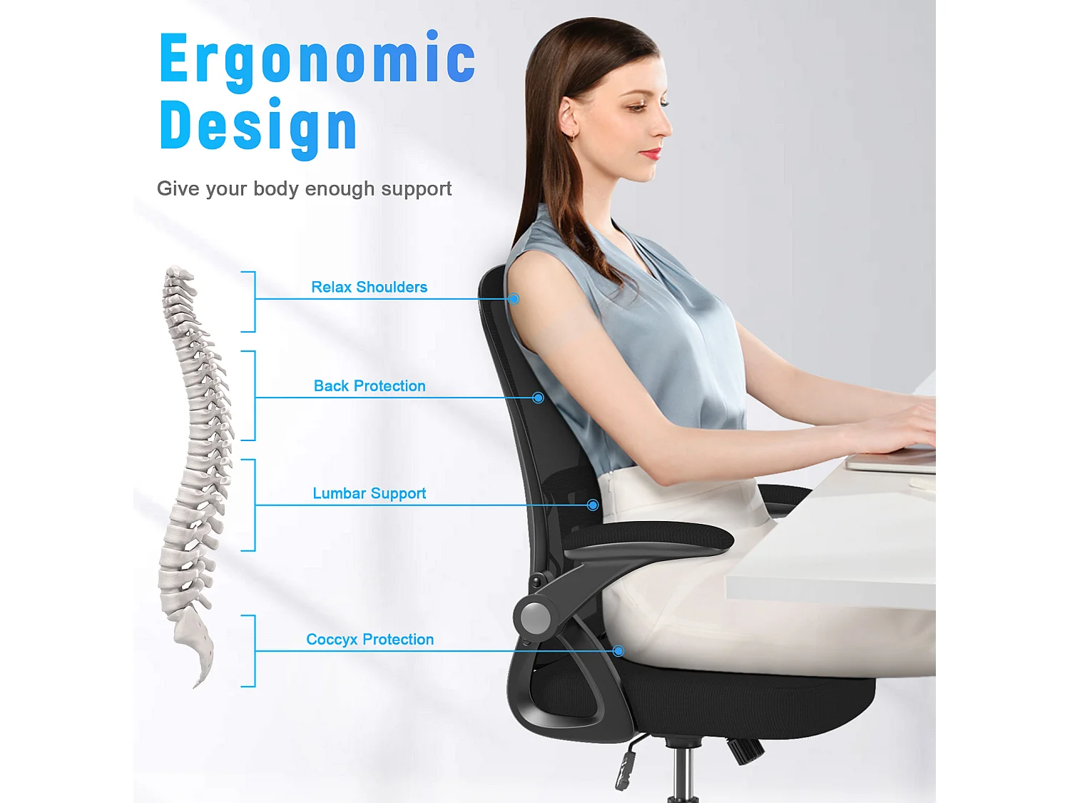 Chaise de bureau ergonomique avec support lombaire, accoudoirs réglables, chaise pivotante avec dossier respirant pour le bureau