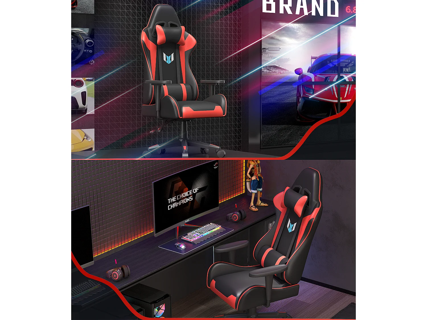 Cadeira de jogos para jogos com almofada lombar e apoio de cabeça e apoio de braço fixo, cadeira de escritório de couro PU