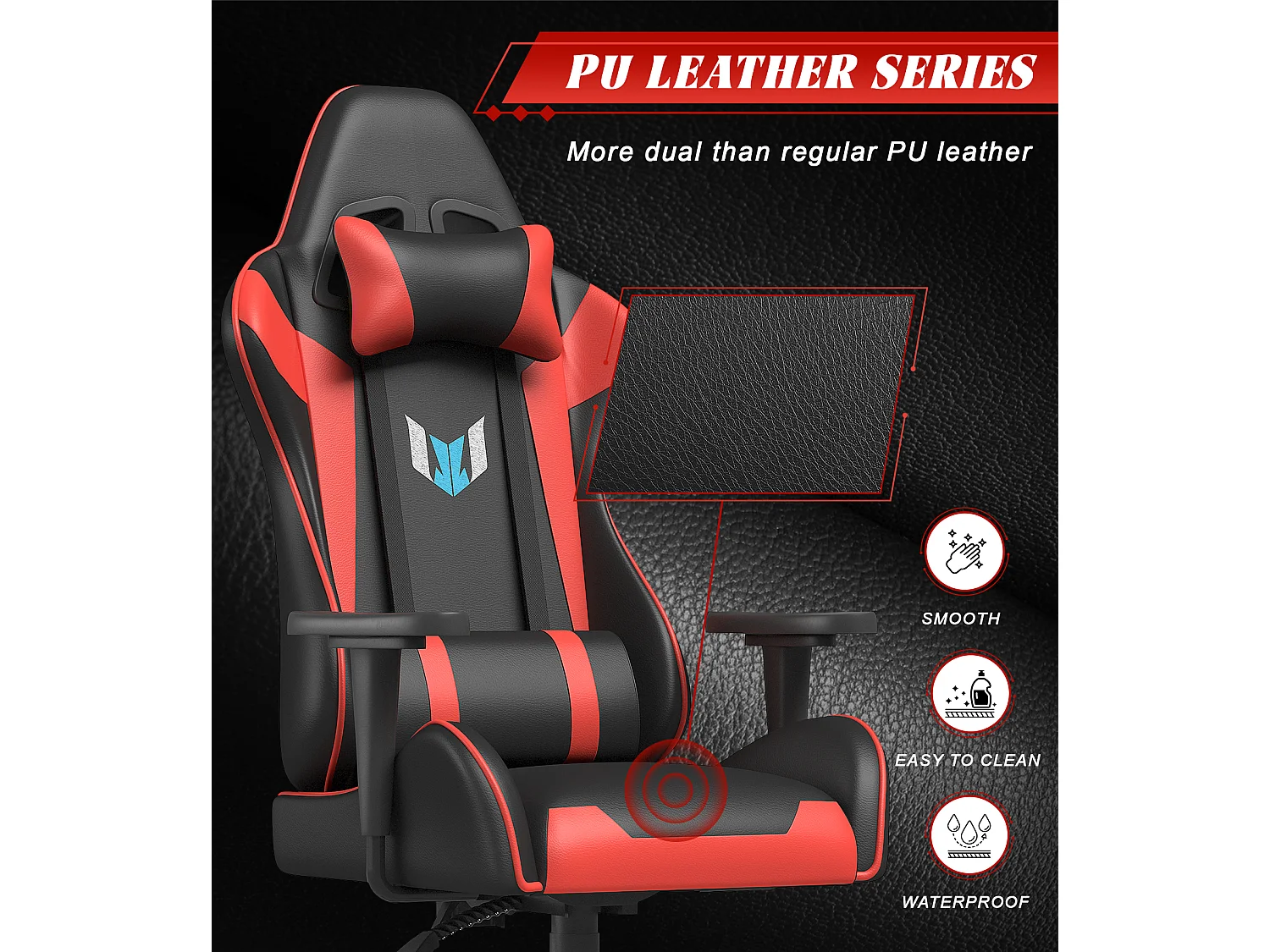 Chaise de jeu jeu avec coussin lombaire et appui et accoudoir fixe, chaise de bureau en cuir PU