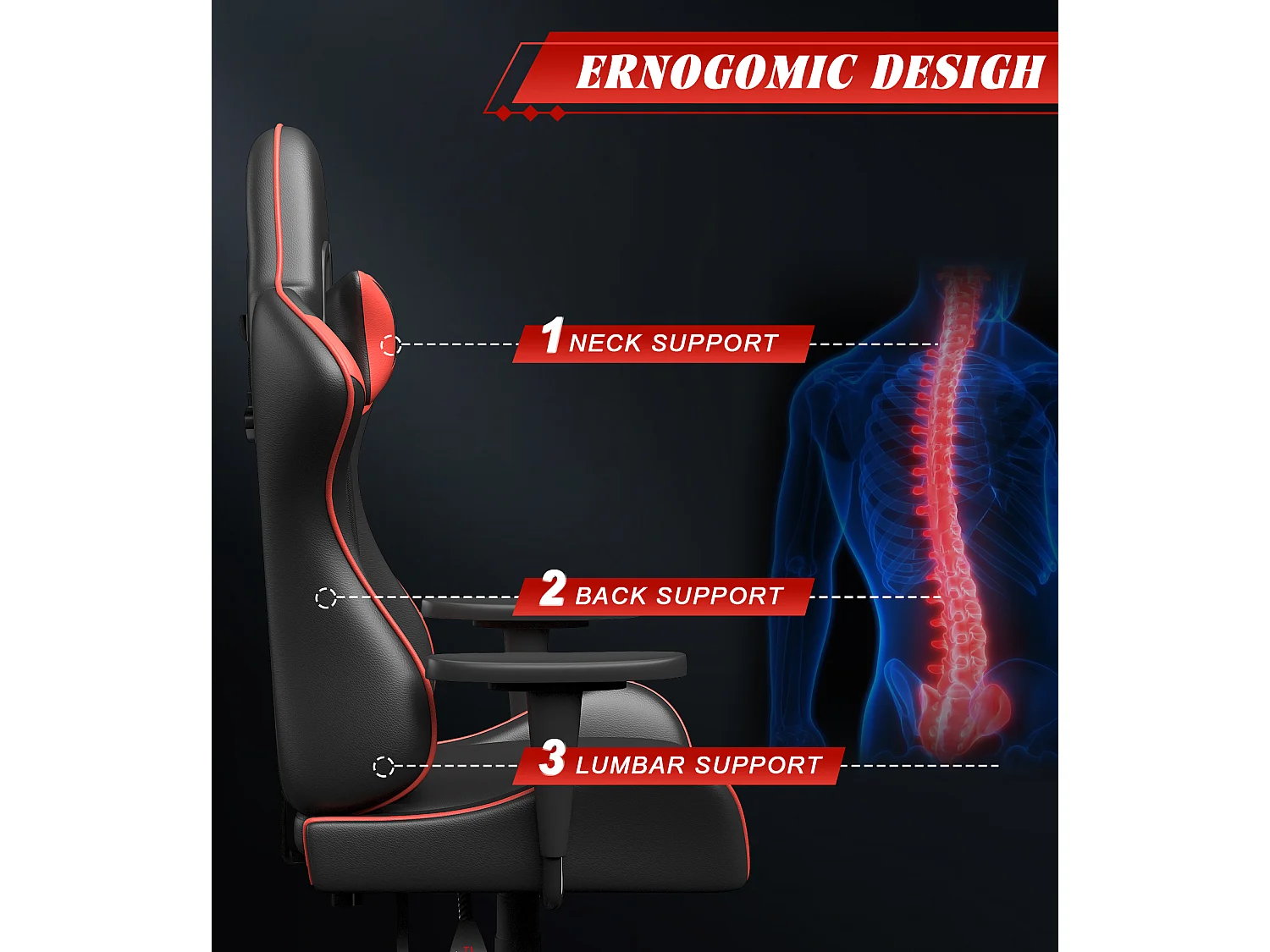 Chaise de jeu jeu avec coussin lombaire et appui et accoudoir fixe, chaise de bureau en cuir PU