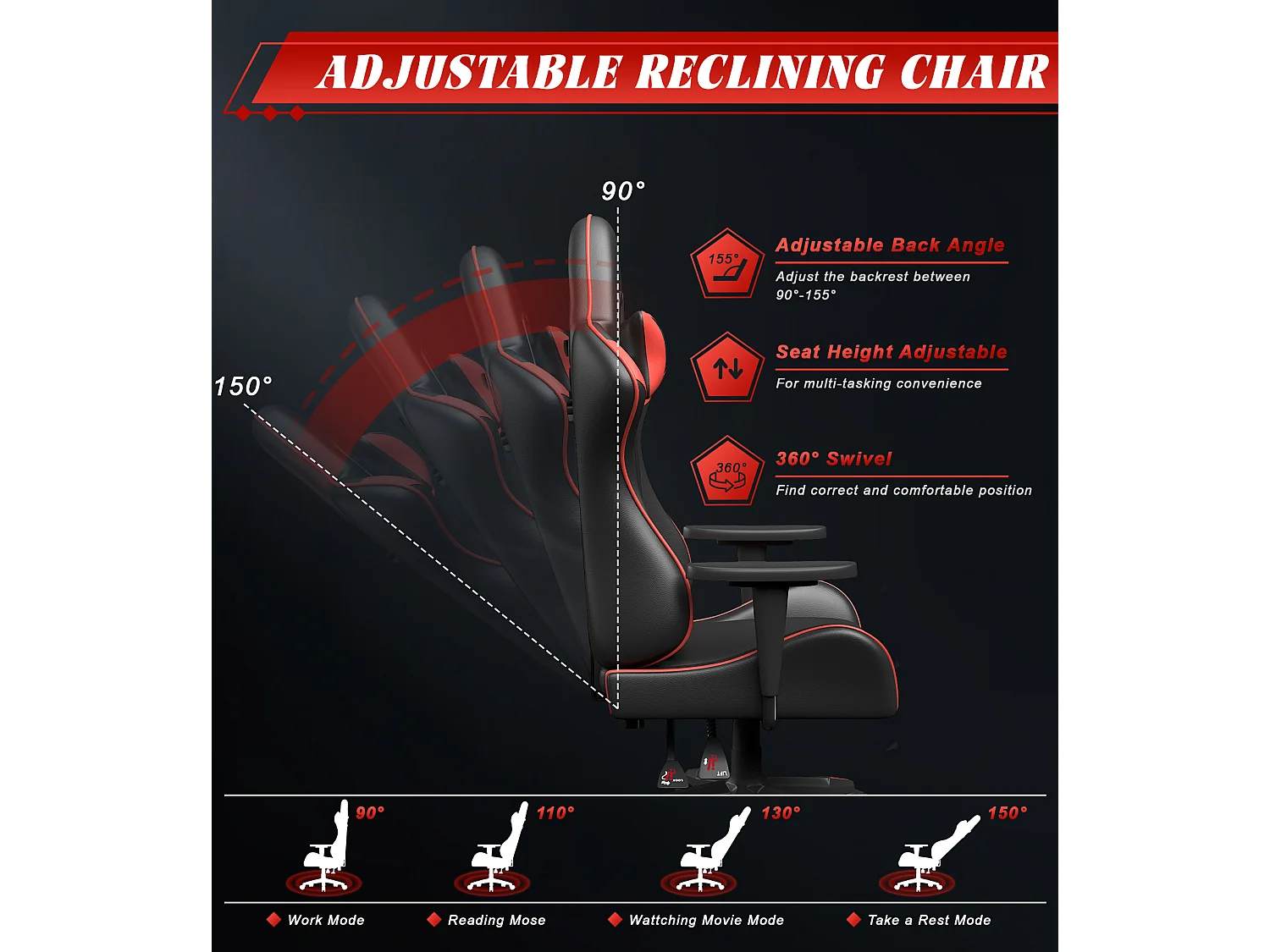 Chaise de jeu jeu avec coussin lombaire et appui et accoudoir fixe, chaise de bureau en cuir PU