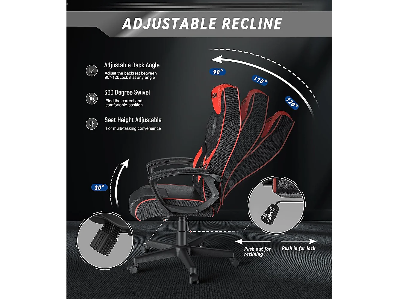 Chaise de jeu en cuir PU avec appui-tête, hauteur réglable et pivotant à 360 ° pour Gamer Office