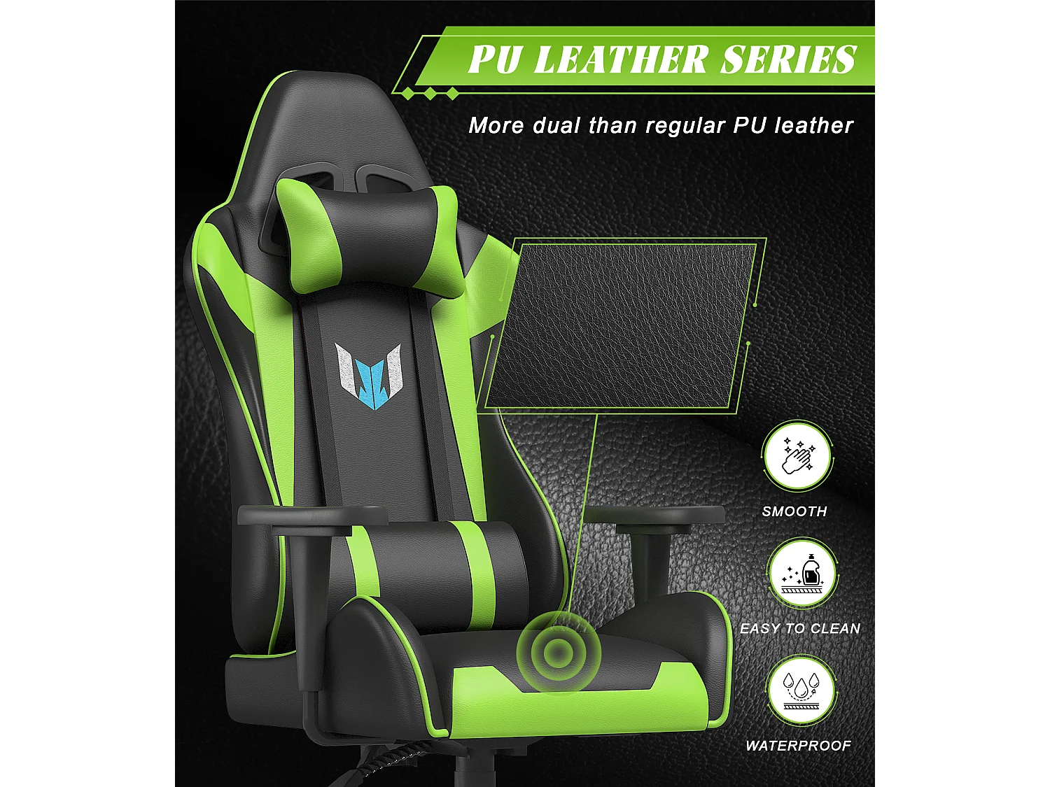 Chaise de jeu jeu avec coussin lombaire et appui et accoudoir fixe, chaise de bureau en cuir PU