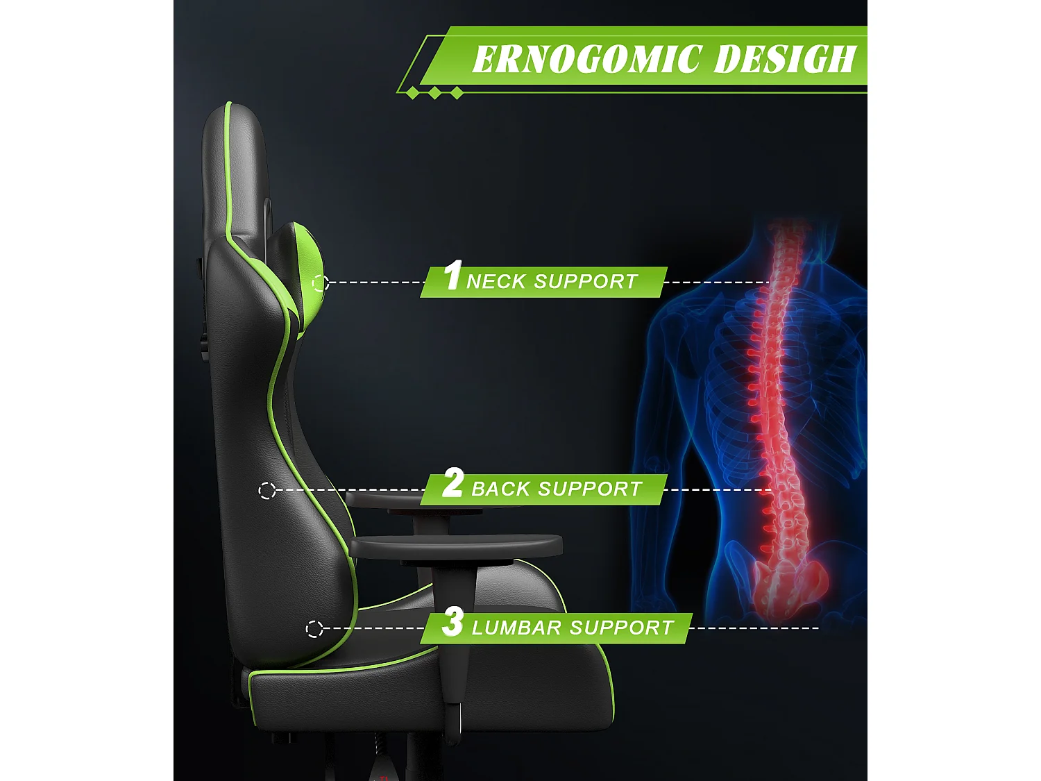 Chaise de jeu jeu avec coussin lombaire et appui et accoudoir fixe, chaise de bureau en cuir PU