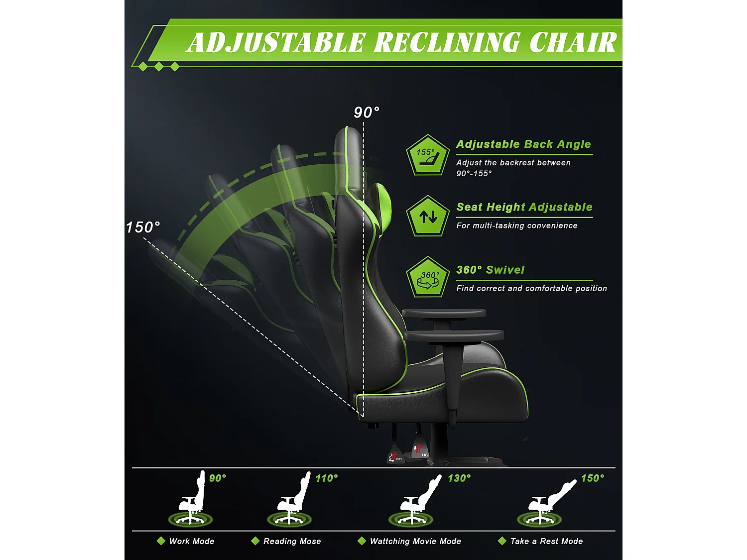 Chaise de jeu jeu avec coussin lombaire et appui et accoudoir fixe, chaise de bureau en cuir PU