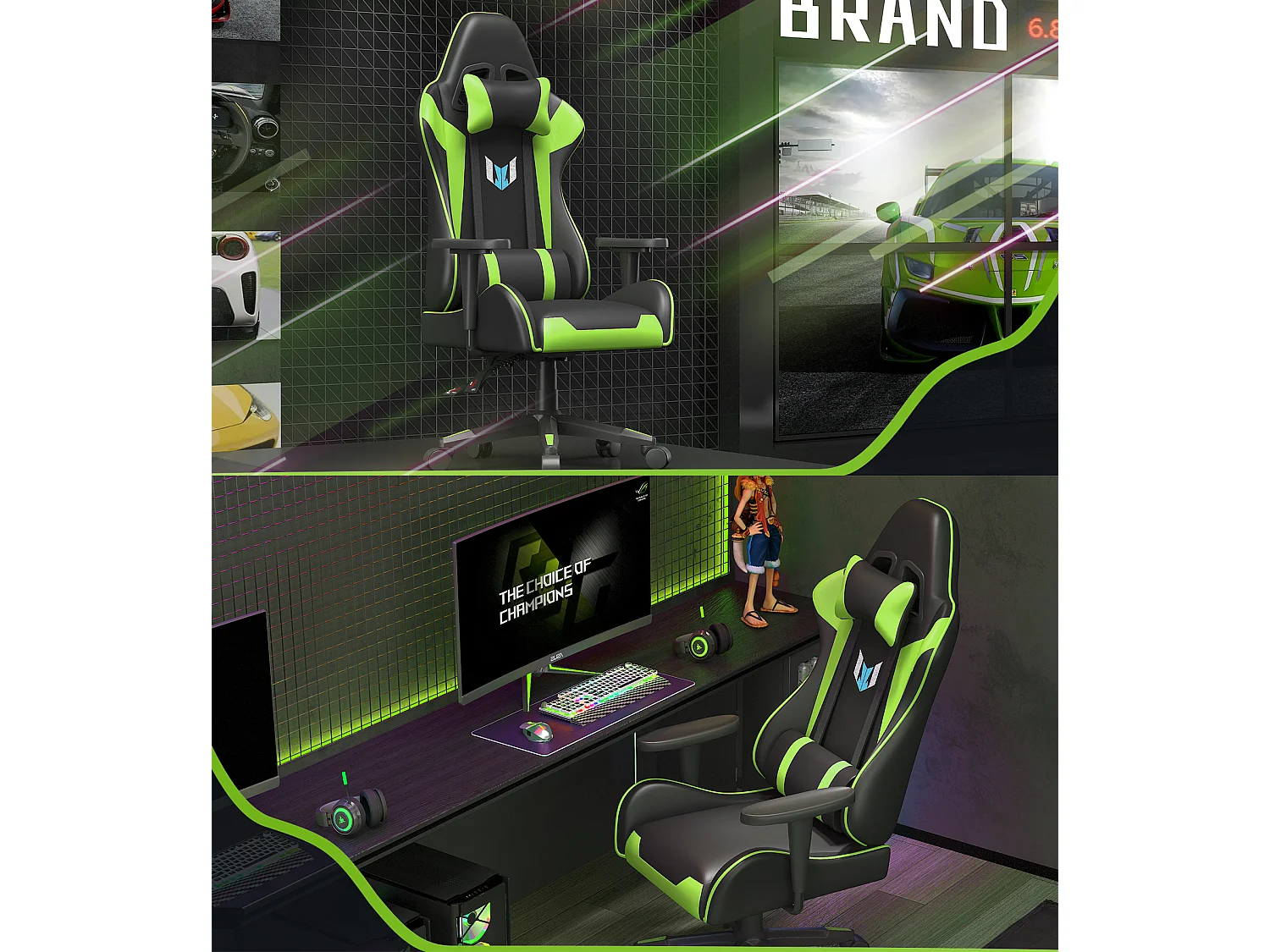 Chaise de jeu jeu avec coussin lombaire et appui et accoudoir fixe, chaise de bureau en cuir PU