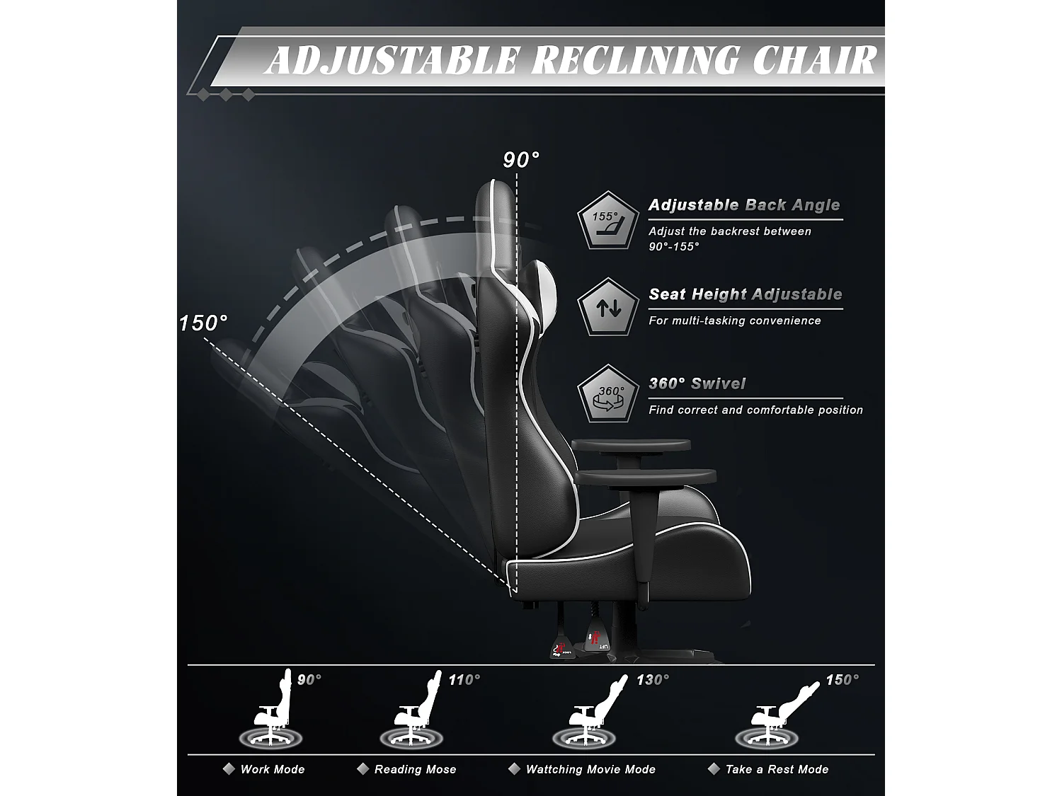 Chaise de jeu jeu avec coussin lombaire et appui et accoudoir fixe, chaise de bureau en cuir PU