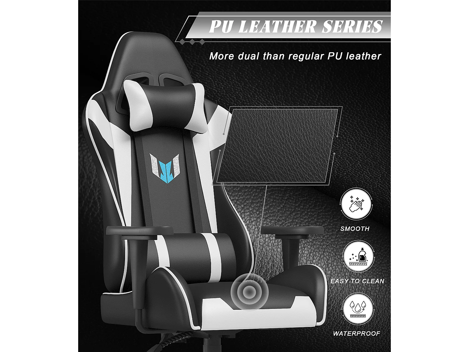 Chaise de jeu jeu avec coussin lombaire et appui et accoudoir fixe, chaise de bureau en cuir PU