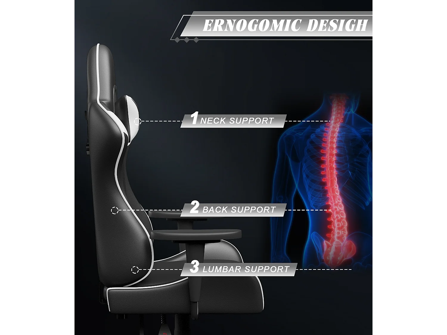 Chaise de jeu jeu avec coussin lombaire et appui et accoudoir fixe, chaise de bureau en cuir PU
