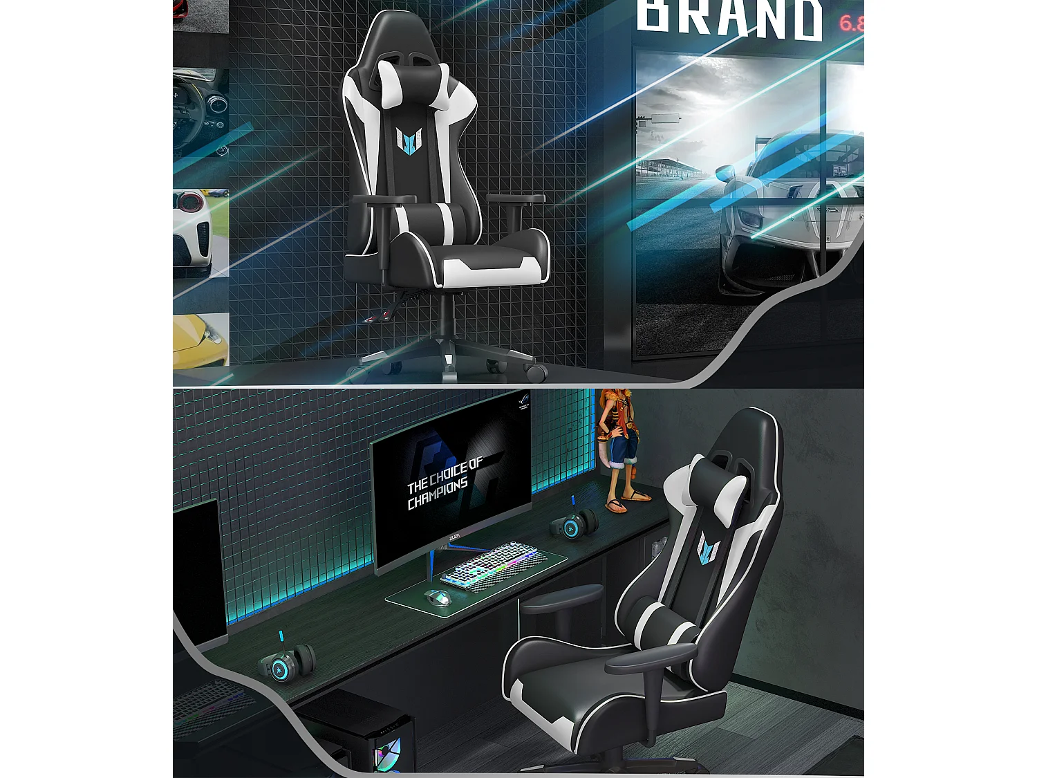 Chaise de jeu jeu avec coussin lombaire et appui et accoudoir fixe, chaise de bureau en cuir PU