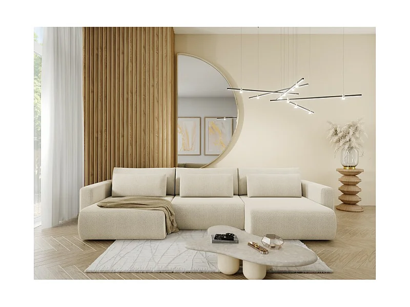 Canapé d'angle panoramique CURIA en tissu hydrophobe beige