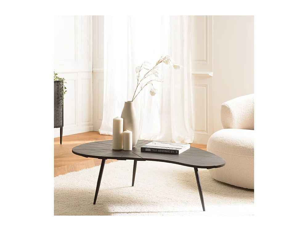JAMES - Table basse ovoïde plateau texturé noir mat pieds en fer noir