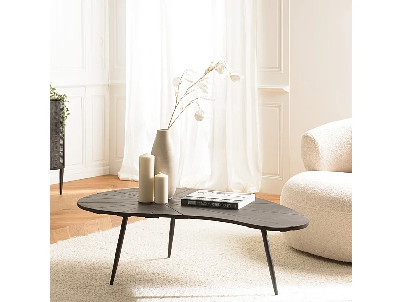 JAMES - Table basse ovoïde plateau texturé noir mat pieds métal noir