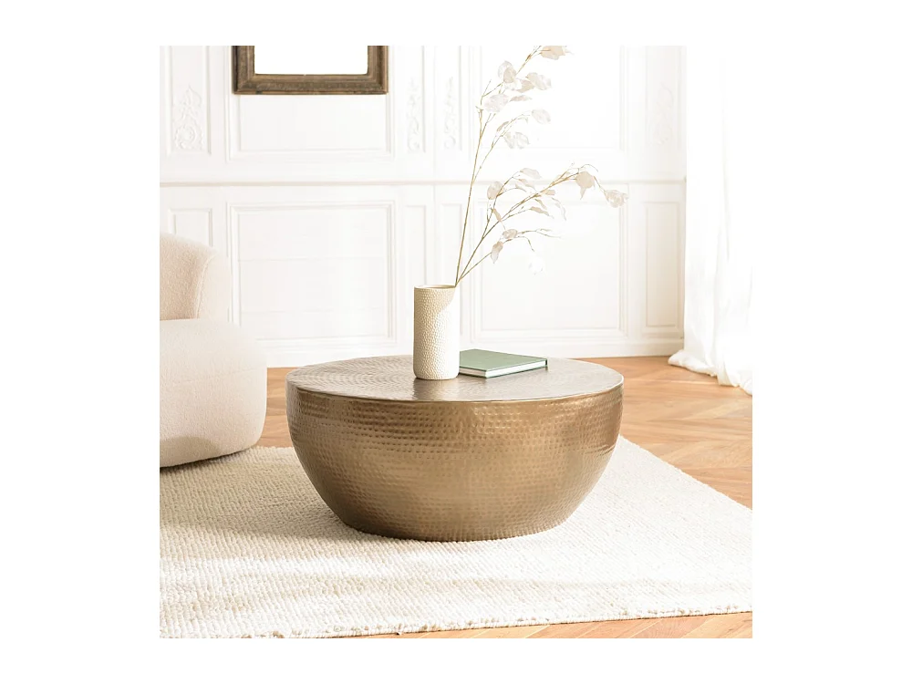 JOHAN - Table basse coque ronde 90x90cm en aluminium doré antique