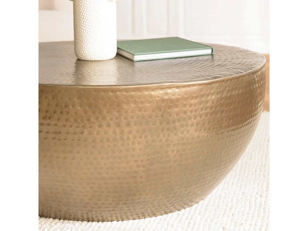 JOHAN - Table basse coque ronde 90x90cm en aluminium doré antique