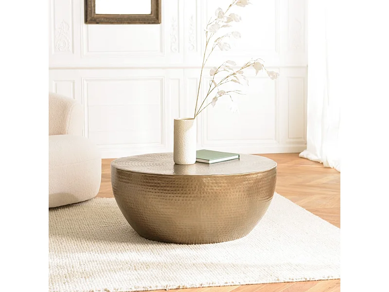 JOHAN - Table basse coque ronde 90x90cm en aluminium doré antique