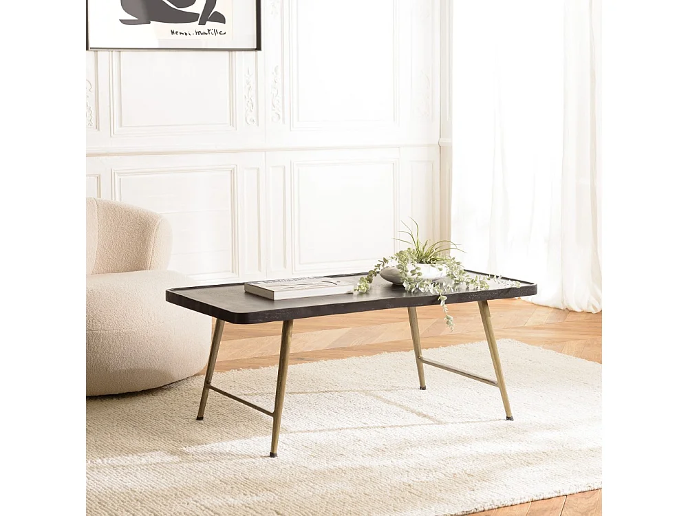 JOHAN - Table basse rect. en aluminium plateau noir pieds dorés