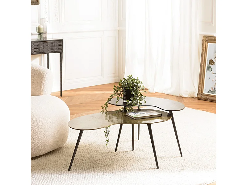 JAMES - Set de 2 tables basses ovoïdes en aluminium noir mat et doré