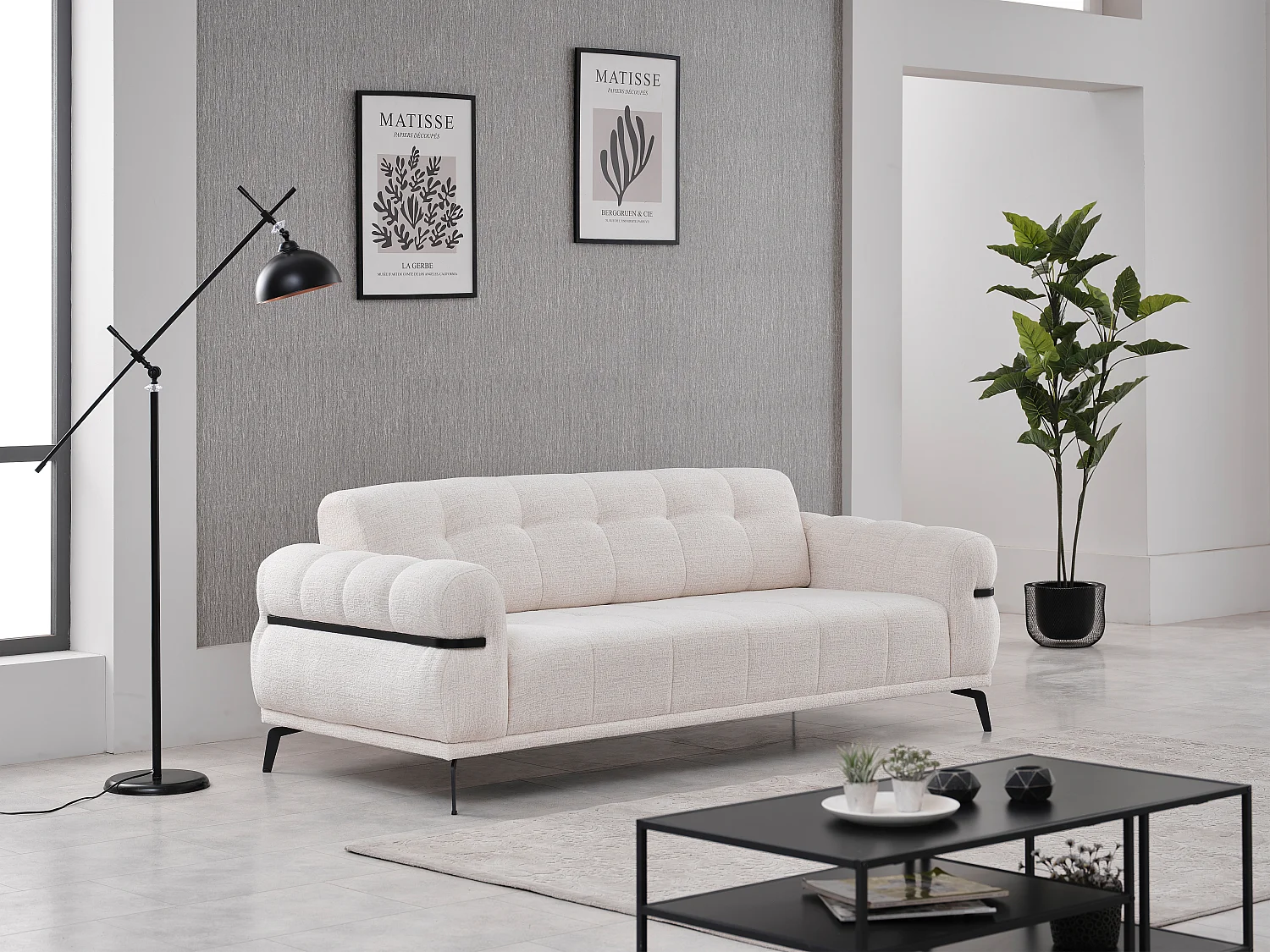 Canapé 3 places en tissu texturé blanc ivoire BELDOJA