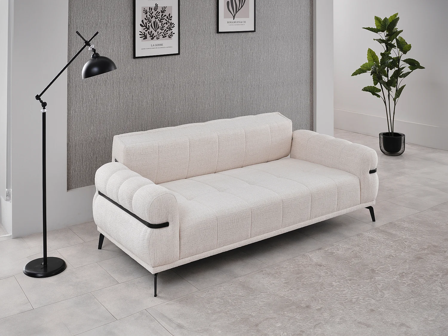 Canapé 3 places en tissu texturé blanc ivoire BELDOJA