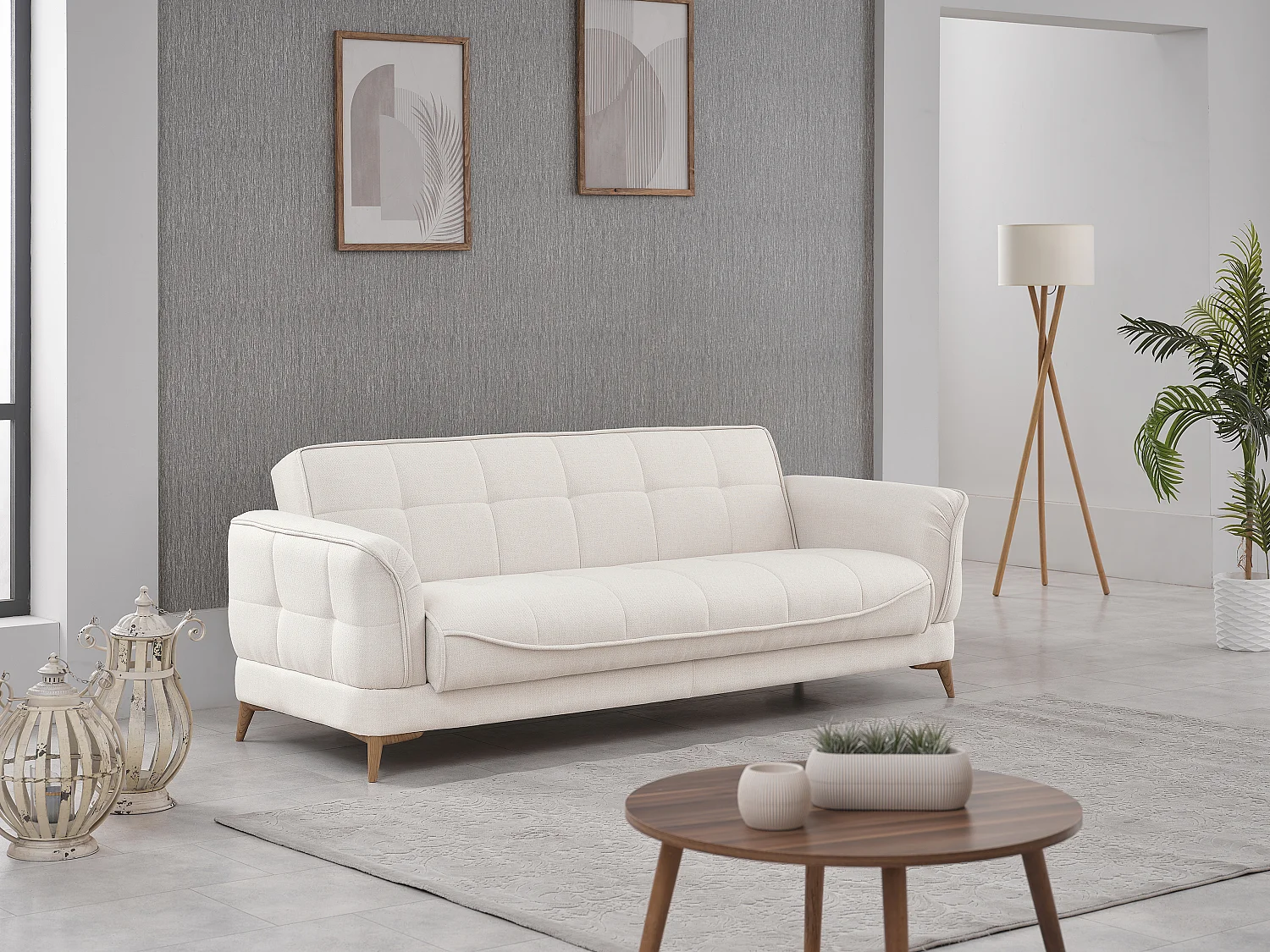 Canapé 3 places convertible clic-clac en tissu beige PODIDA