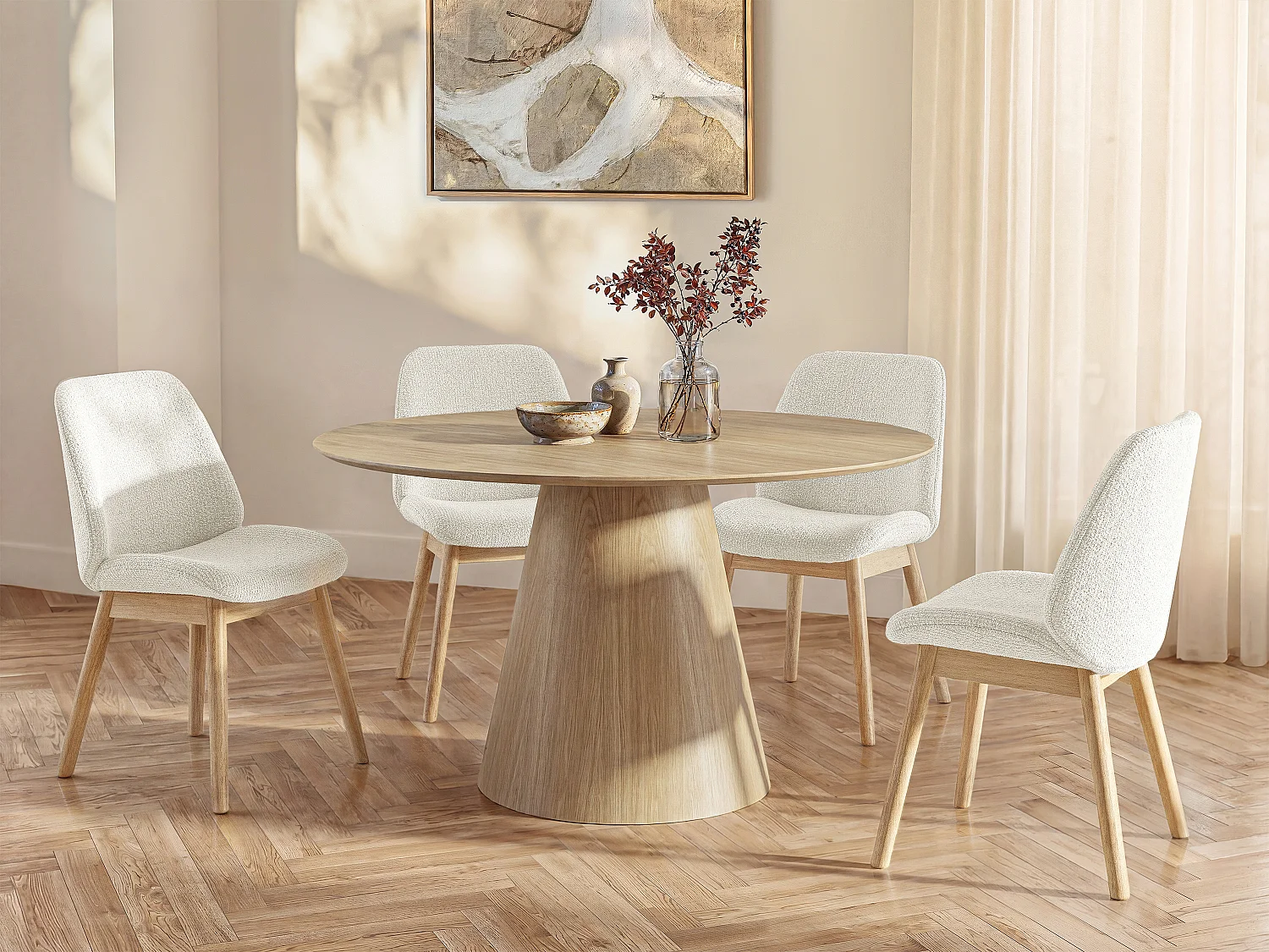 Ronde eettafel 4 plaatsen met eikenfineer - Licht naturel - ANTALIZA