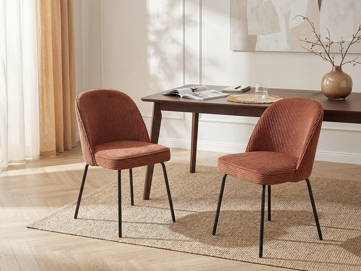 Lot de 2 chaises en velours côtelé et métal noir - Terracotta - ALPALI