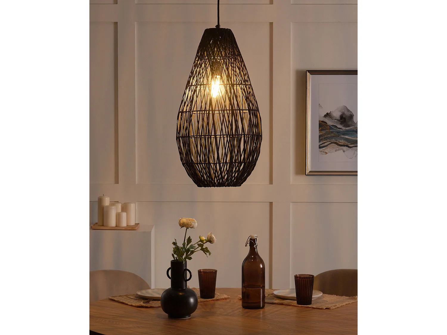 Hängeleuchte aus Baumwolle Käfigschirm Handgefertigt Natur Japandi Stil Schwarz Anotto