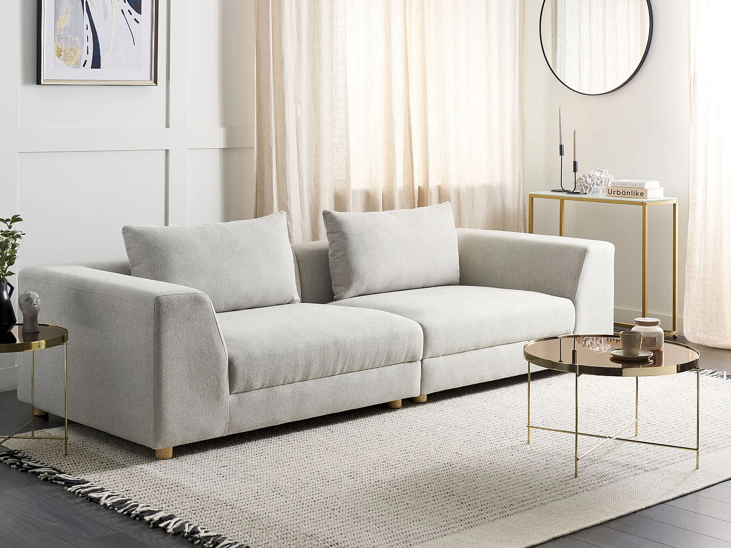 3-Sitzer Sofa Stoffbezug grau mit breiten Armlehnen Dekokisssen modern Lermon