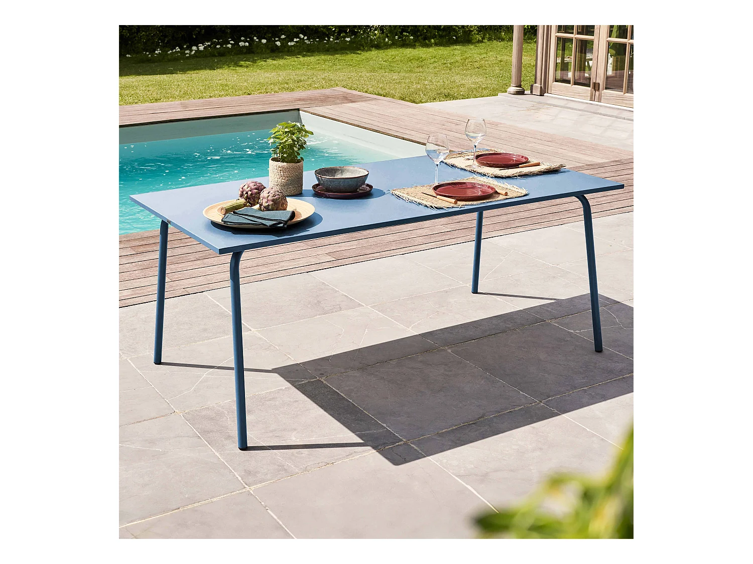 Table de jardin ractangulaire en métal bleu pacific - Palavas