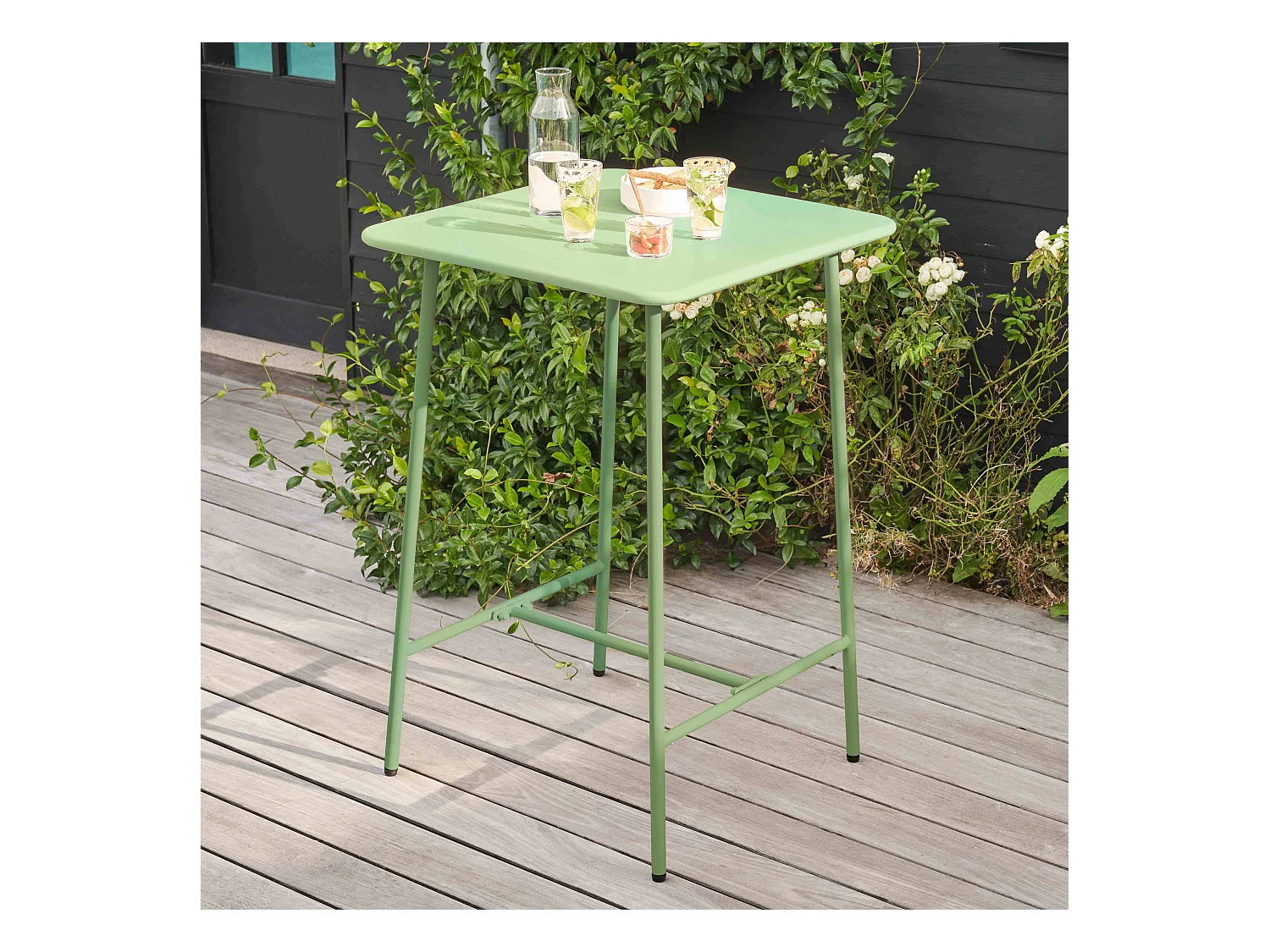Table haute de jardin carrée en acier vert sauge 70cm - Palavas