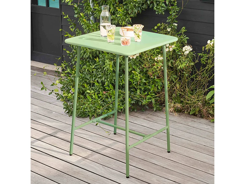 Table haute de jardin carrée en acier vert sauge 70cm - Palavas