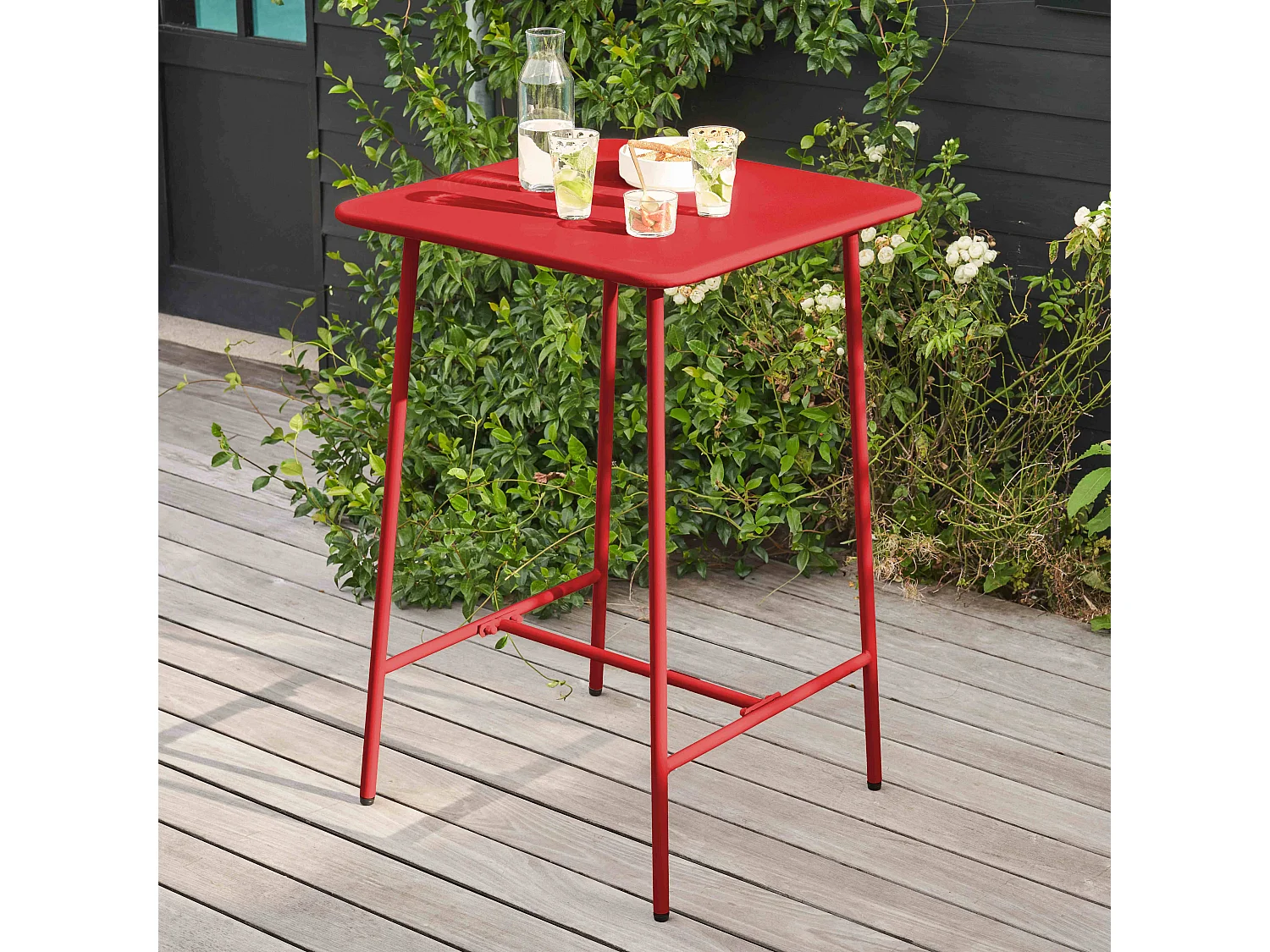 Table haute de jardin carrée en acier rouge - Palavas